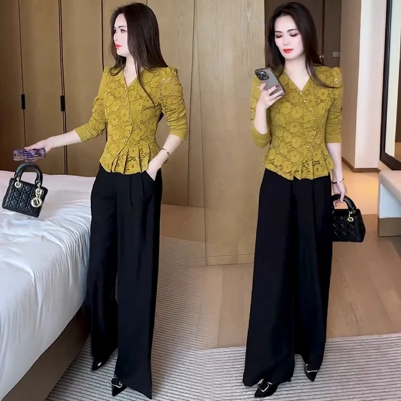 设计感V领蕾丝衫套装女2025秋季新款时尚洋气百搭显瘦裤子两件套