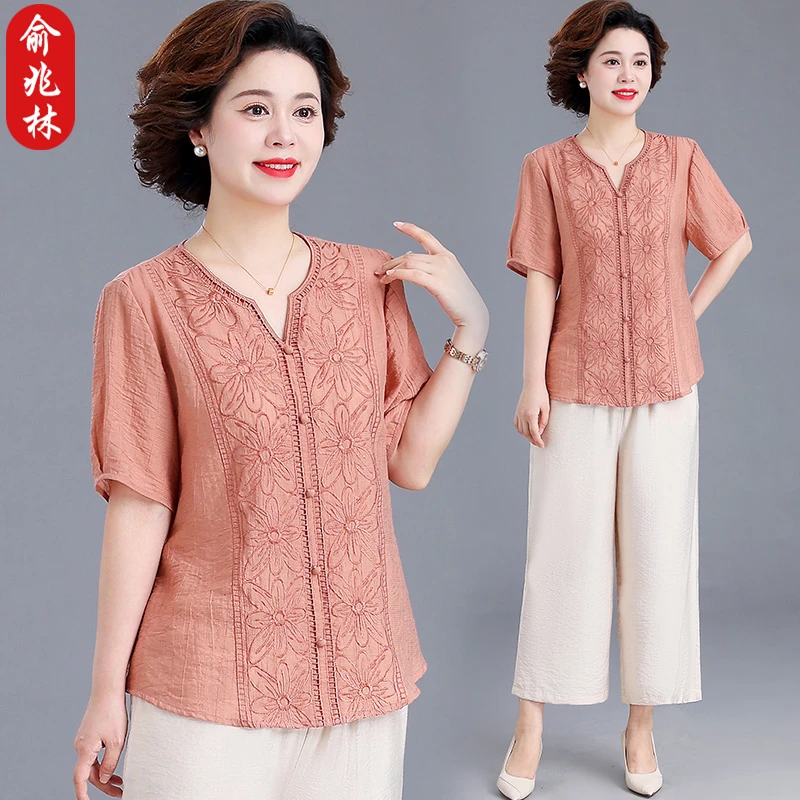 俞兆林妈妈夏款套装洋气大码2025新款中老年女夏季短袖上衣两件套