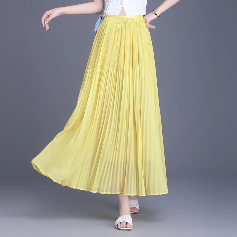 夏季牙签细褶雪纺透气面料高腰半身裙女a字裙遮肚子显瘦气质款