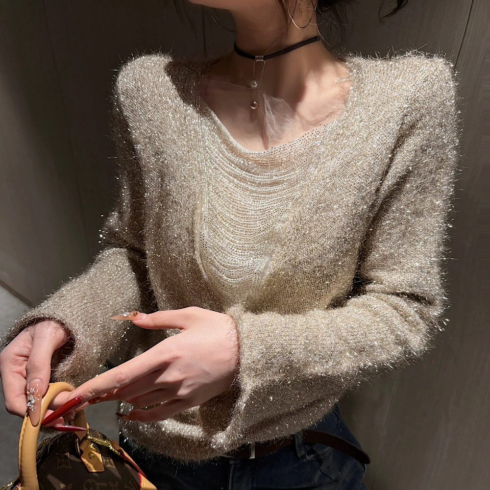 【钻石店铺优选】秋冬新款时尚气质设计感亮闪显瘦针织上衣女