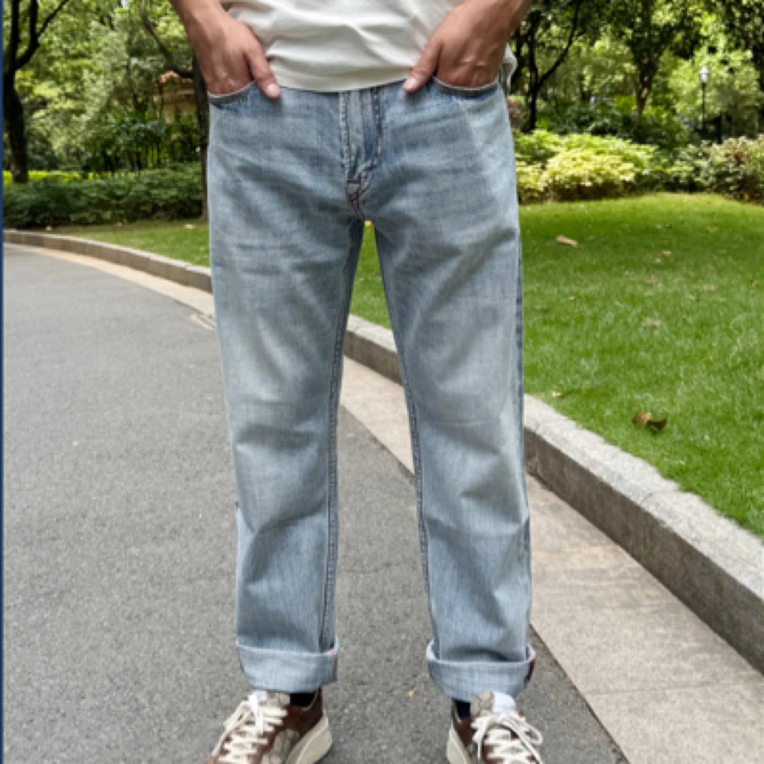 KM3009赤耳丹宁11.5盎司新款牛仔裤浅蓝高端无弹直筒宽松时尚百搭