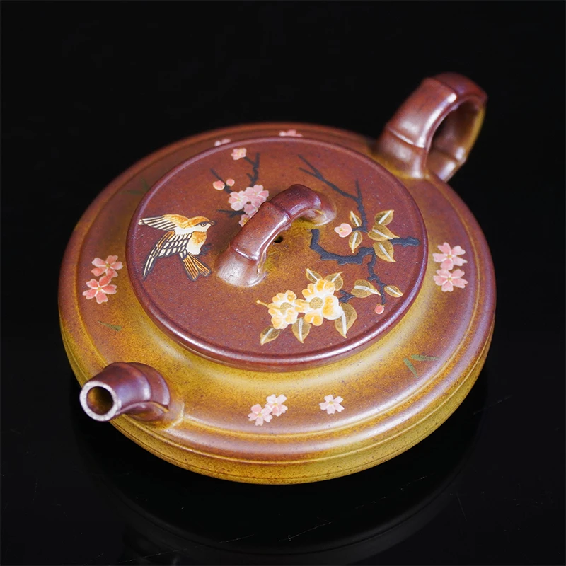 国大师指导国助工吴老师黄金段泥火云烧喜上眉梢虚扁宜兴紫砂壶