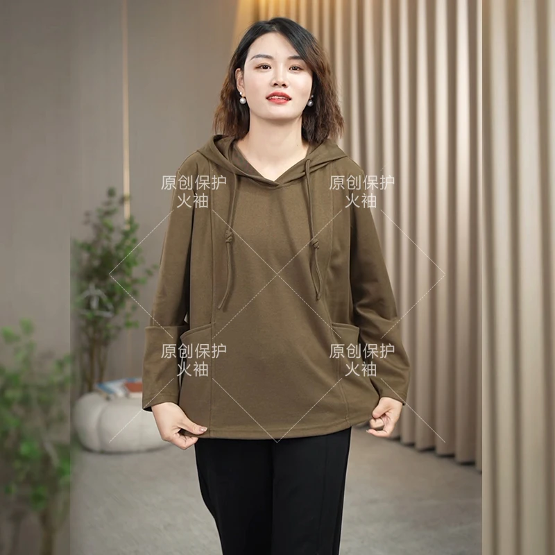 火袖F166时尚休闲连帽设计感上衣2024秋冬新款百搭长袖纯色妈妈装