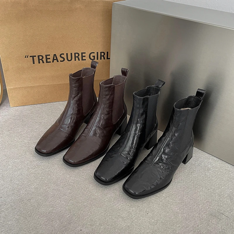 2306-09/高高货头层羊皮/真羊毛切尔西粗跟真皮短靴女式粗跟短靴