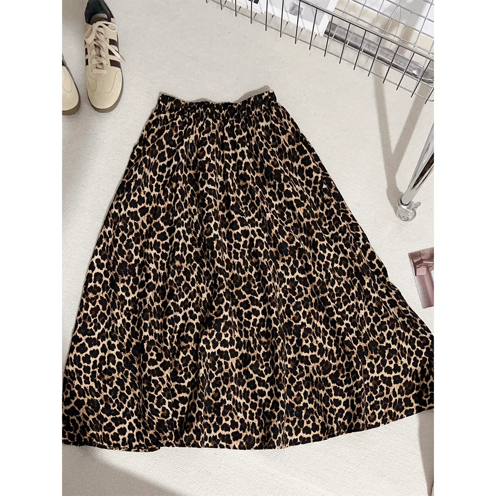 【佳文定制】1875豹纹半身裙宽松大版休闲高腰百搭印花松紧腰中长裙