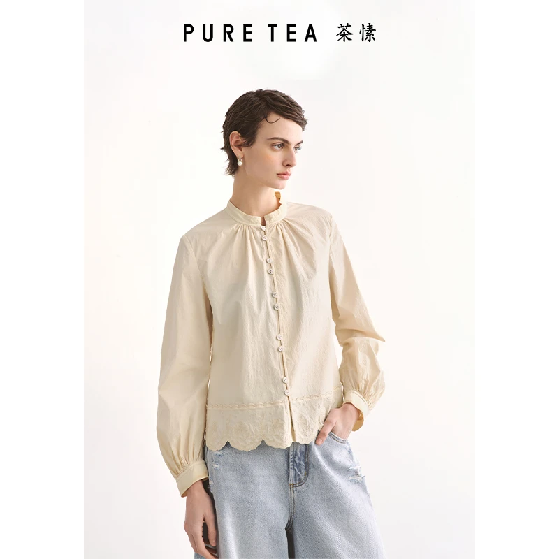 刺绣衬衫收褶长袖上衣女绣花波浪下摆KB0801D11