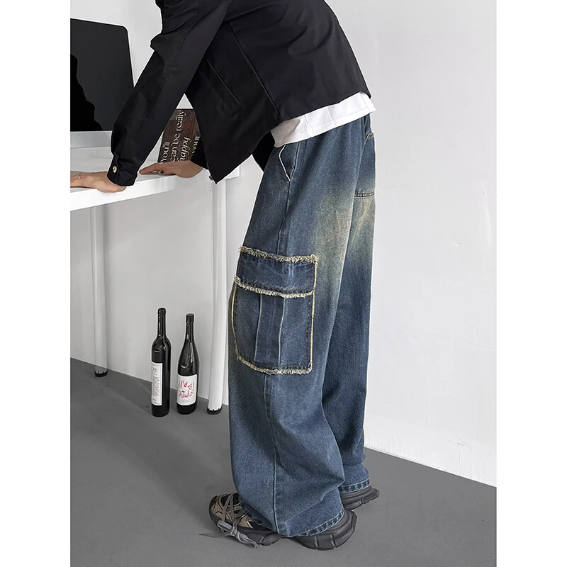美式复古做旧毛边多口袋工装牛仔裤男hiphop裤子设计感高级直筒裤