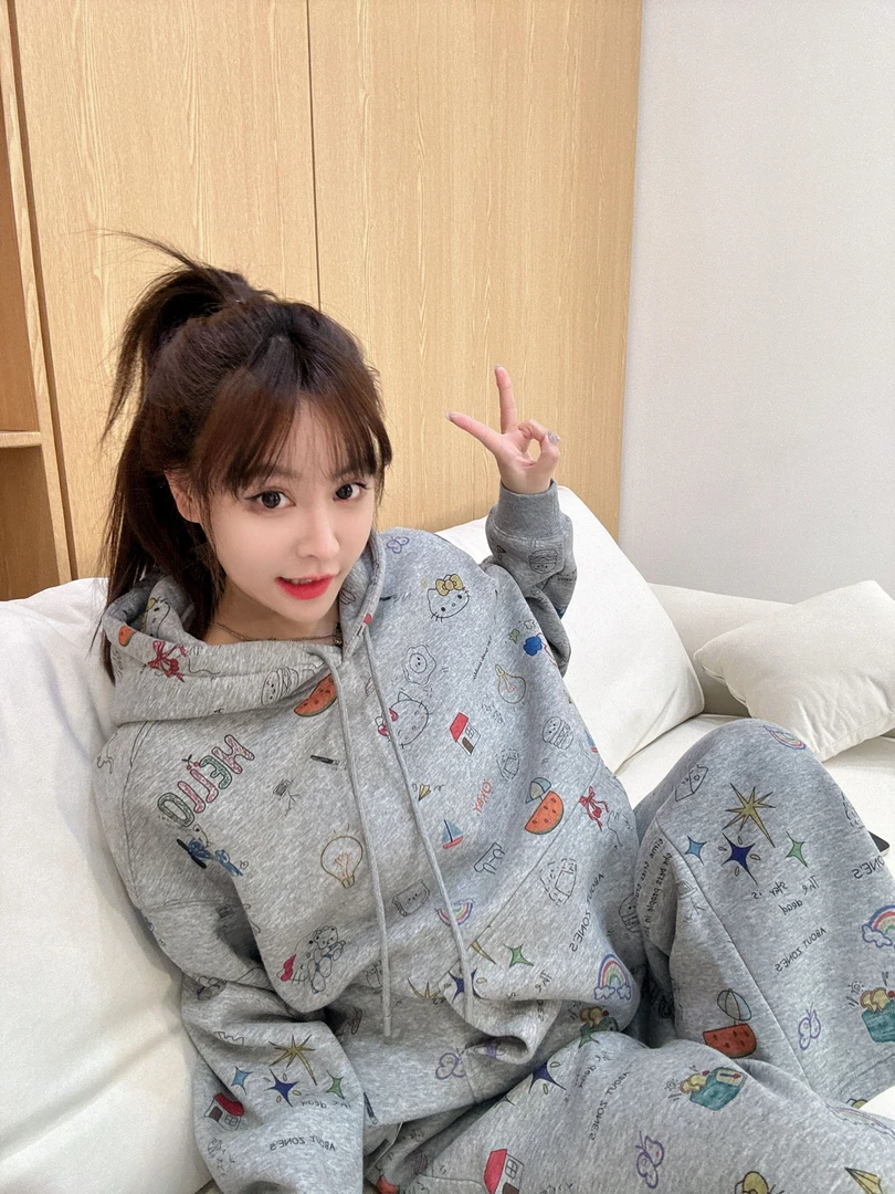【HoorayLin】25早春满印小猫灰色加绒套装（可单）#KK302
