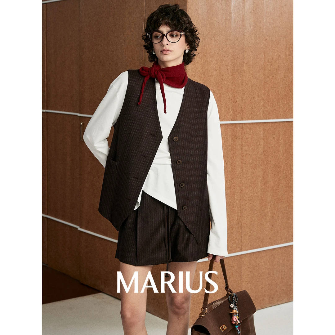 MARIUS皇家法兰绒柔软亲肤撞色工艺通勤时髦百搭直身系带马甲