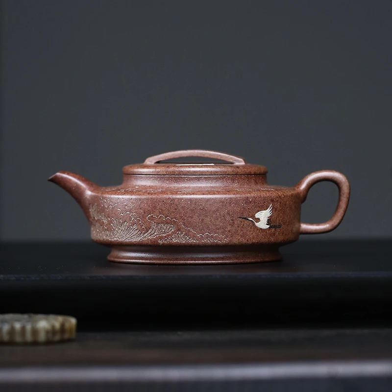 大吉羊柴烧 宜兴紫砂壶手工刻绘茶壶 本山绿泥云鹤周盘130ml庄杰