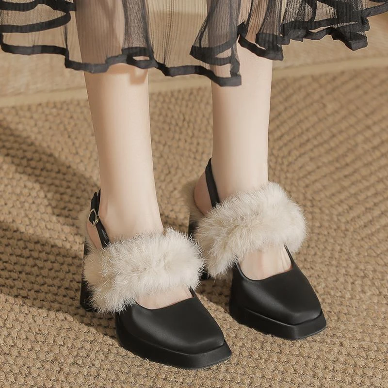 PinkAvril复古方头黑色职业高跟鞋女粗跟2025年新款防水台粗跟毛