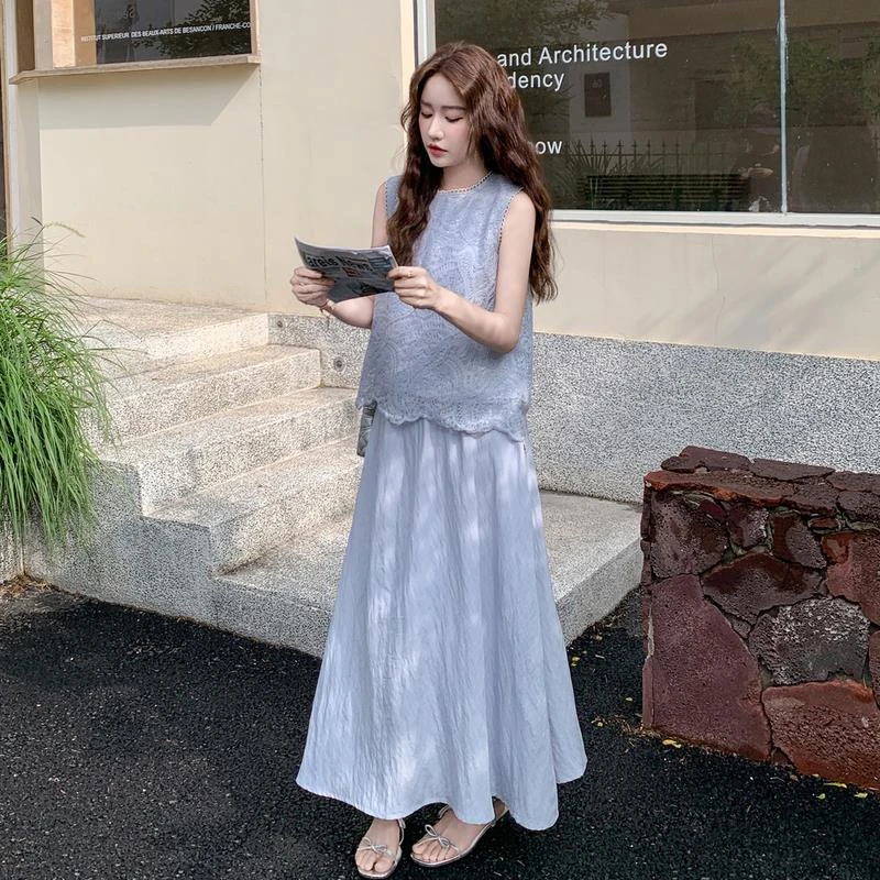 气质优雅灰蓝蕾丝无袖上衣半裙套装2025夏女高级松紧腰半裙两件套
