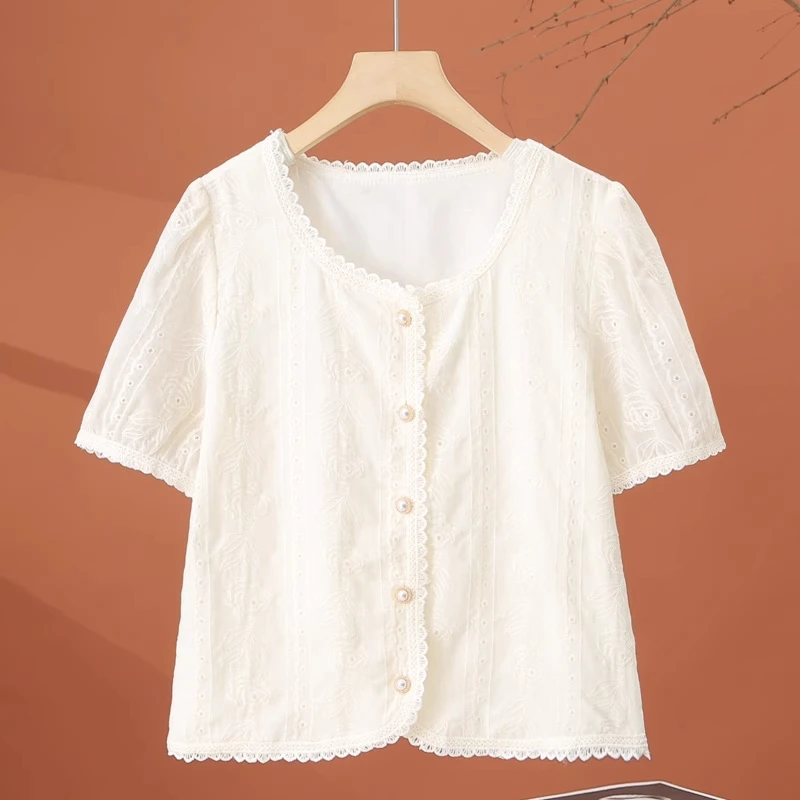 拉夏贝尔蕾丝上衣女夏季短袖衬衫2025新款法式泡泡袖好看漂亮小衫