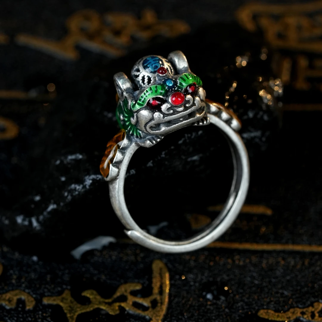925银珐琅戒指 银戒五色貔貅戒指
