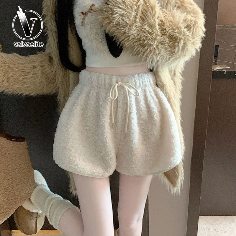 VALVOELITE白色短裤女冬季外穿加厚抽绳休闲裤高腰显瘦时尚阔腿裤