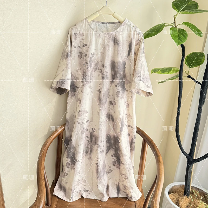 【山影】夏季定制提花棉质简约气质圆领宽松连衣裙52323