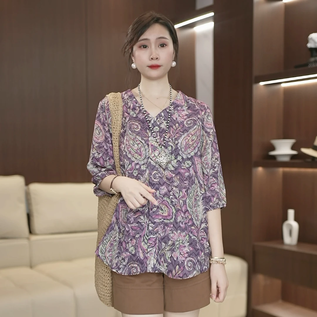 【紫霞仙子】v领五分袖衬衫2025夏季印花休闲宽松洋气上衣女3239