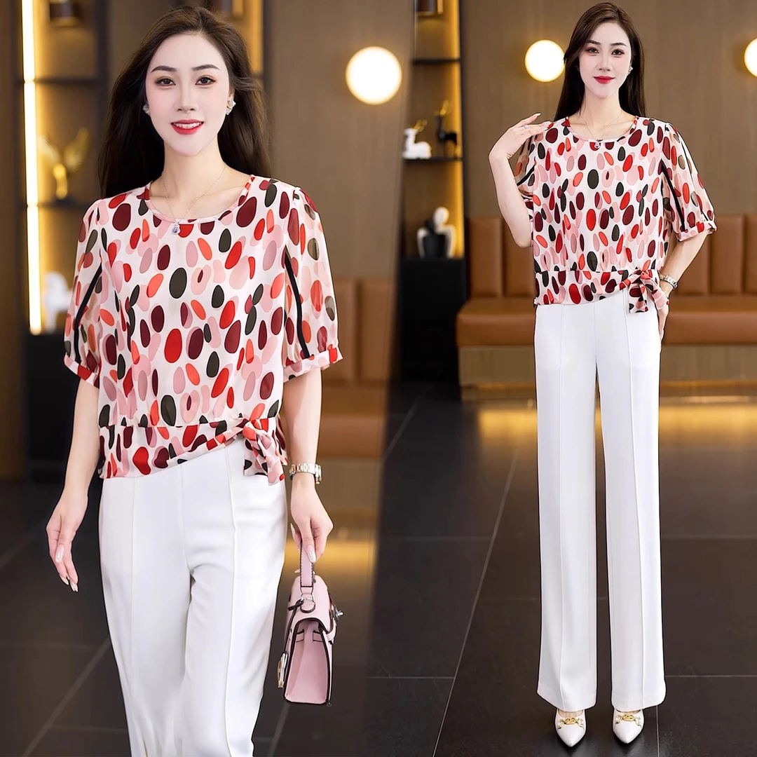 短袖雪纺衫女2025夏季新款洋气印花圆领宽松百搭减龄显瘦小衫上衣