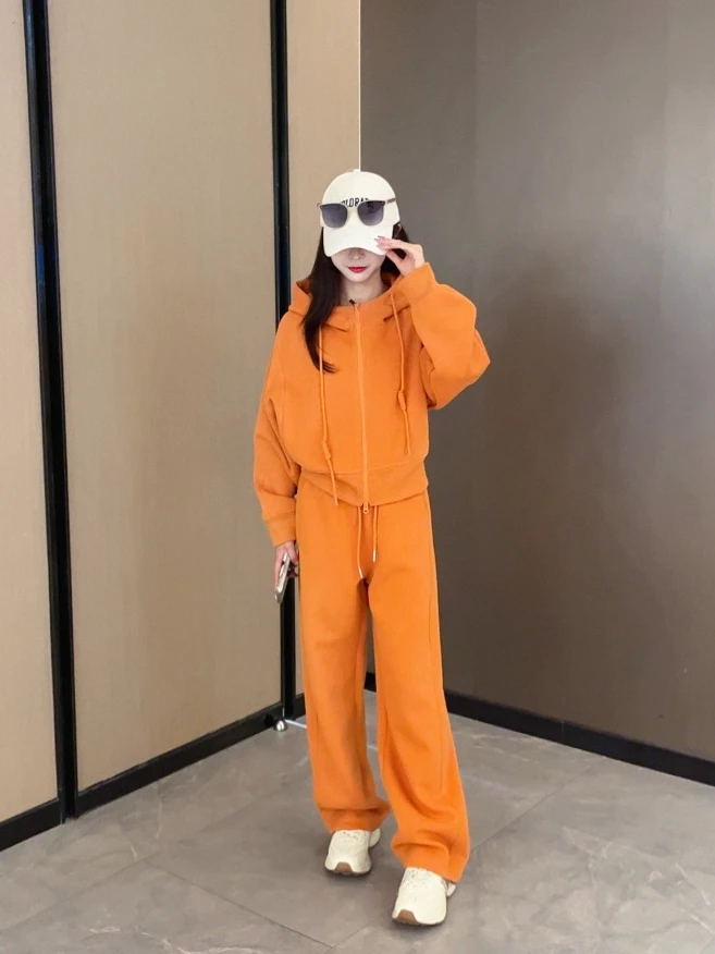 奥娇专属2025春季新款休闲百搭连帽抽绳阔腿宽松韩版套装22013