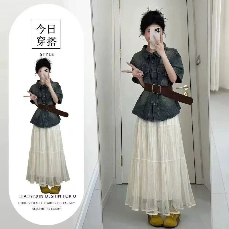 小九推荐港风复古牛仔短袖上衣+压褶半身裙1386