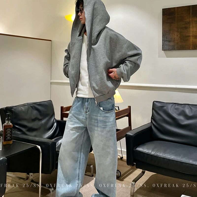 OXFREAK 「2021M 冰蓝水洗」A字做旧浅色牛仔裤男直筒宽松老爹裤