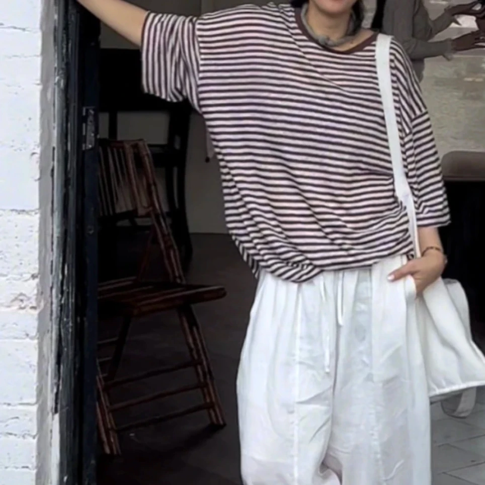 【初剪】夏季圆领休闲百搭宽松散边卷边设计条纹短袖T恤上衣