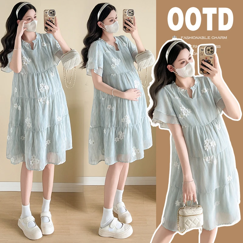 孕妇装大码女装显瘦连衣裙刺绣印花中长款孕妇裙宽松女裙百搭