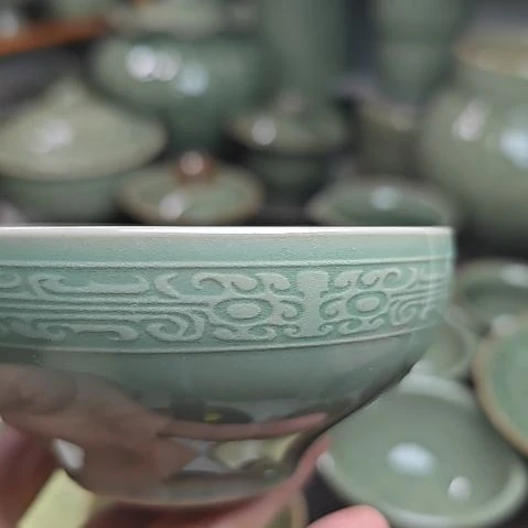 耀州窑十年老泥料饕餮纹米饭碗四只