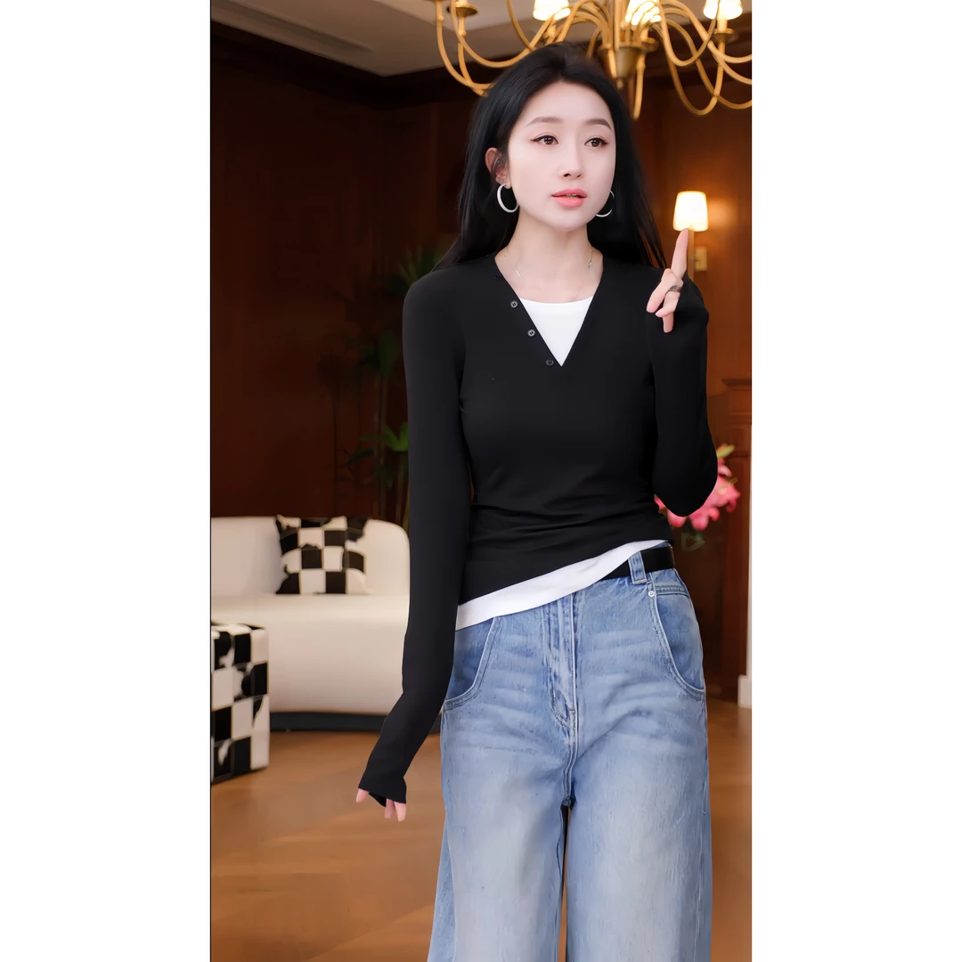 DR杨圣坤25春季新款【气质欧尼】时尚假两件V领长袖T恤XM2501-0906