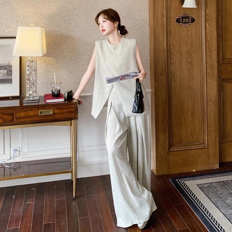 灰色法式不规则马甲阔腿裤两件套2025春季新款高级松弛感穿搭套装