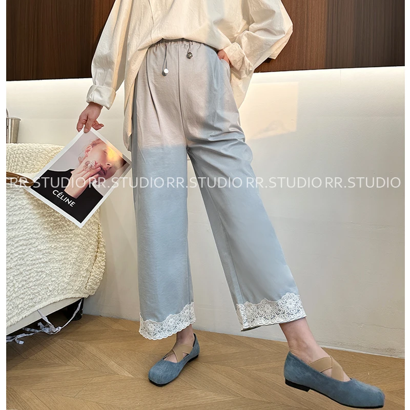 孕妇春装直筒裤设计感蕾丝拼接休闲一体托腹时尚九分阔腿裤DY1813