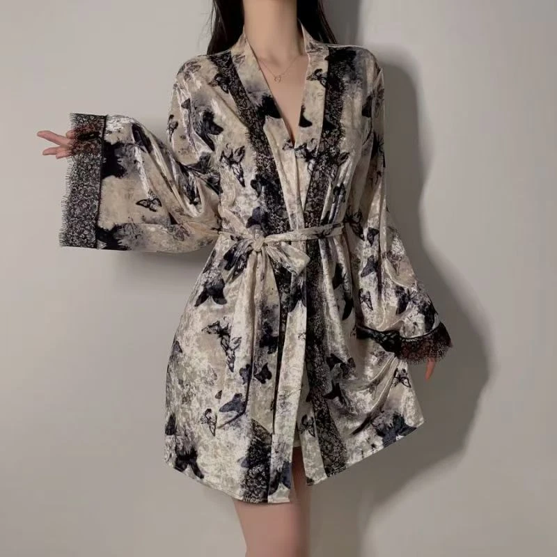 瑰若轻奢低胸睡衣火辣深V加胸垫露背吊带睡裙外袍大码吊带睡裙