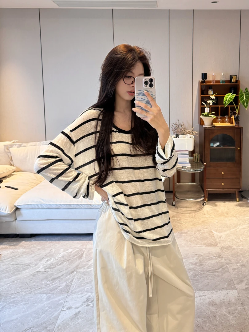 R-HER【午后慵懒】恋夏风百搭气质精致白领休闲洋气衣服女条纹长袖