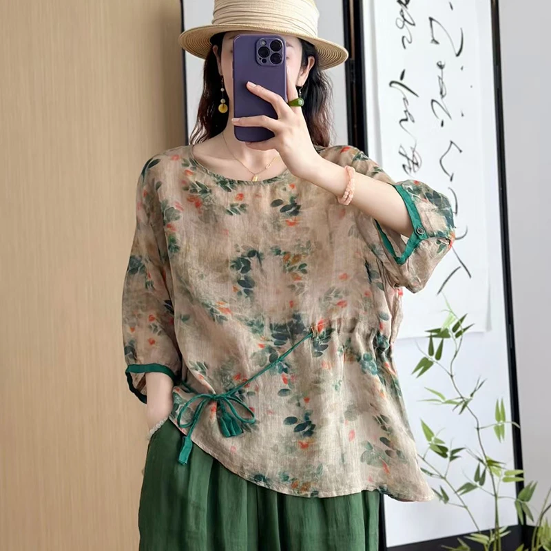 2025夏季新款苎麻衬衫中式国风刺绣小衫气质修身显瘦上衣盘扣衣服