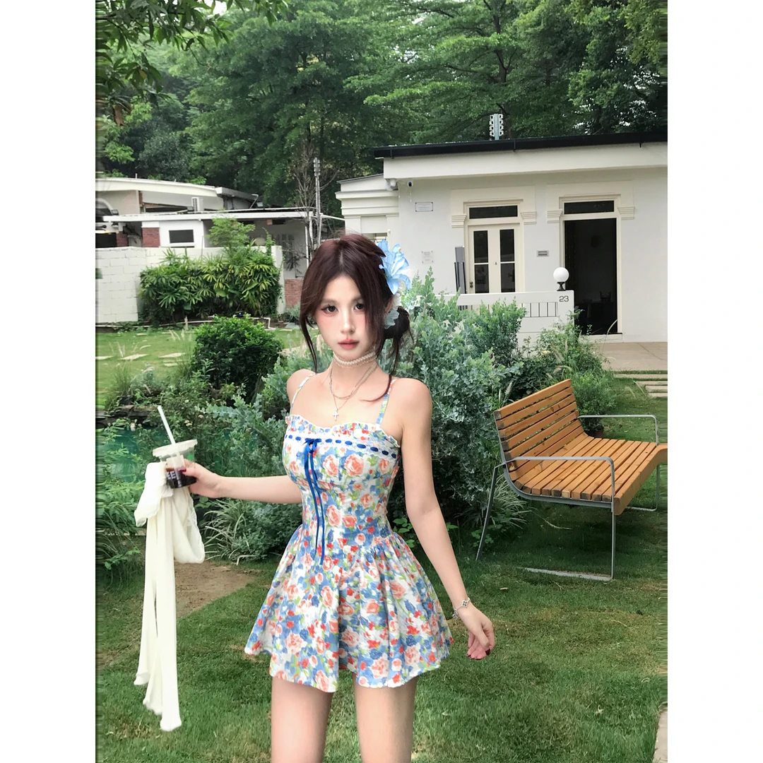 Mejiu蜜九【少女花房】五彩花色连衣裙拼接辣妹设计名媛纯欲风气质