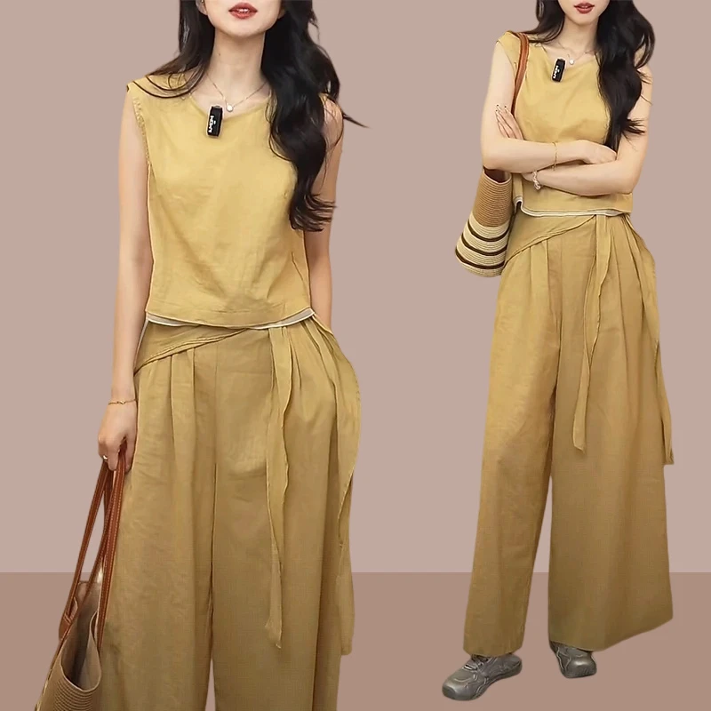 小个子穿搭一整套女2025新款夏季老钱风无袖背心系带阔腿裤两件套