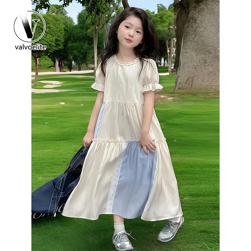 VALVOELITE女童连衣裙夏季2025新款洋气度假风裙子法式拼接公主裙