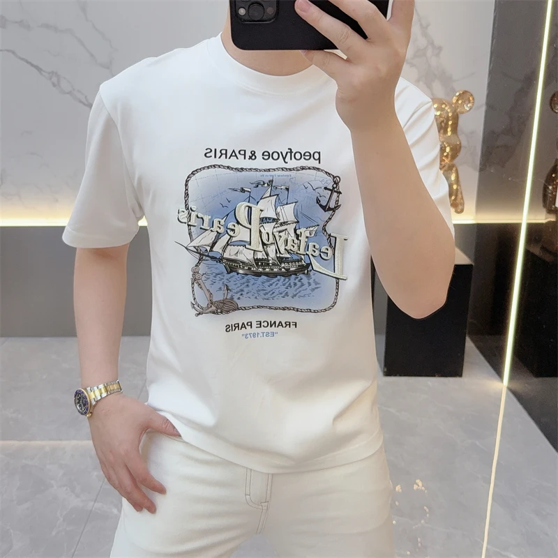 冰希潮牌.个性高端帆船图案设计男士时尚洋气圆领T恤2025夏季新款