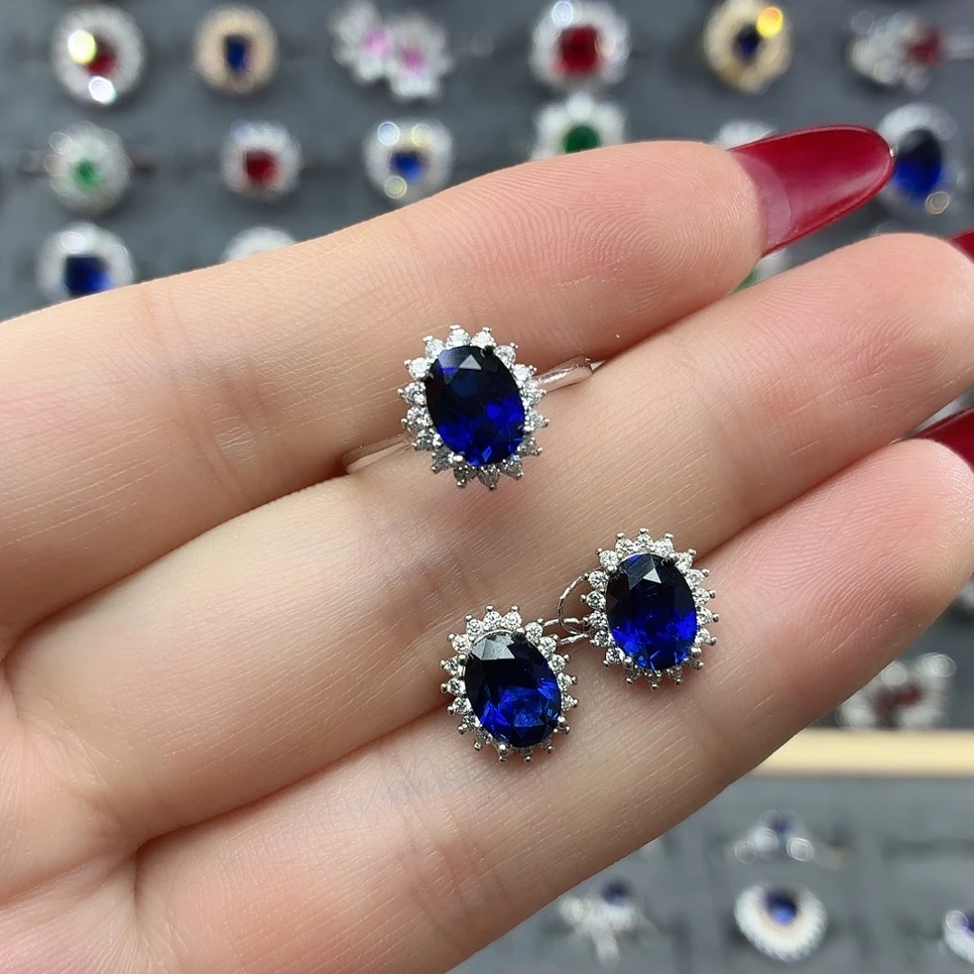 925银培育皇家蓝色宝石套装