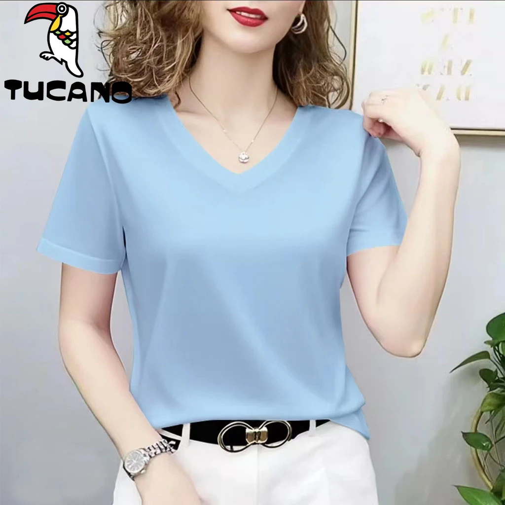 啄木鸟100%纯棉V领宽松型短袖纯色百搭T恤夏季薄款休闲风温婉风