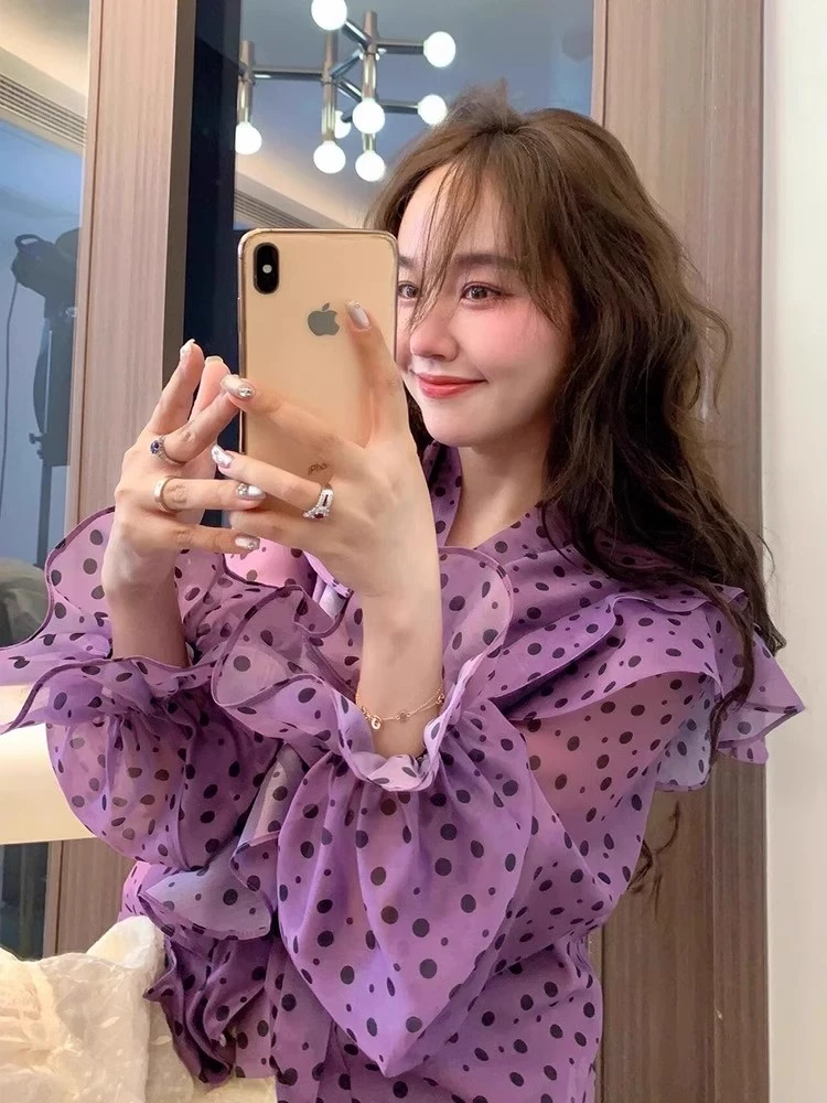 2025春夏新款法式波点紫色荷叶边长袖衬衫高级感A字中长裙两件套