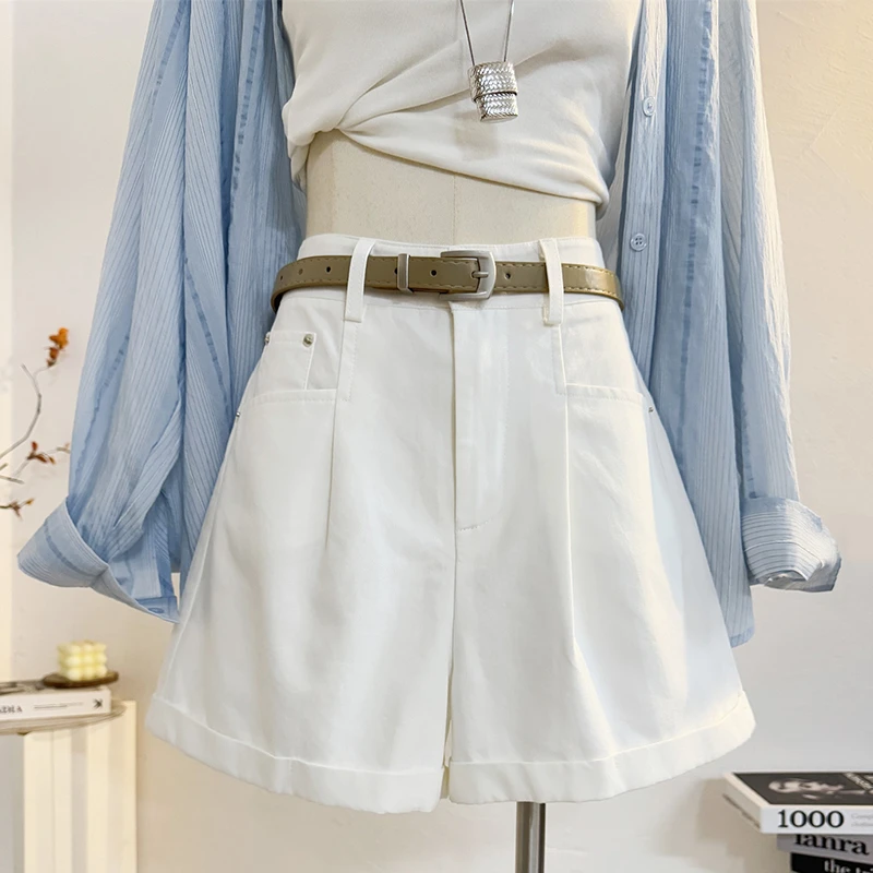 卡莲格/白色水洗高腰A字短裤女夏季薄款小个子显瘦百搭卷边阔腿裤