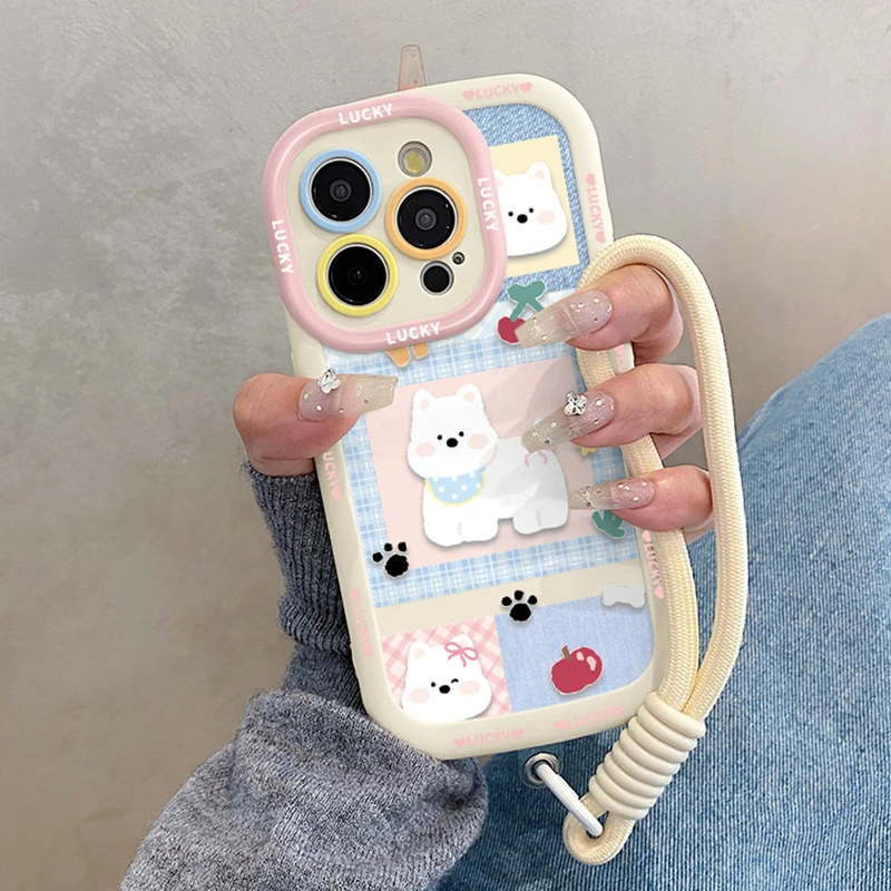 可爱西高地卡通适用iphone16promax手机壳15pro带挂绳华为小米