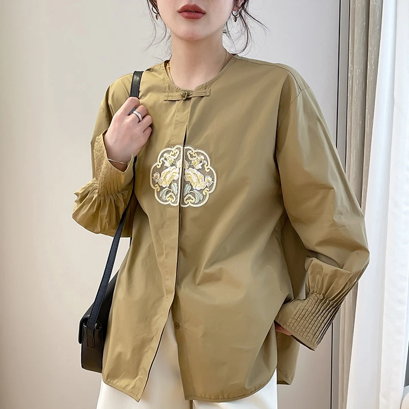 （衣兮袖口捏褶盘扣衬衫）8059早春新中式盘扣百搭刺绣长袖衬衫Z