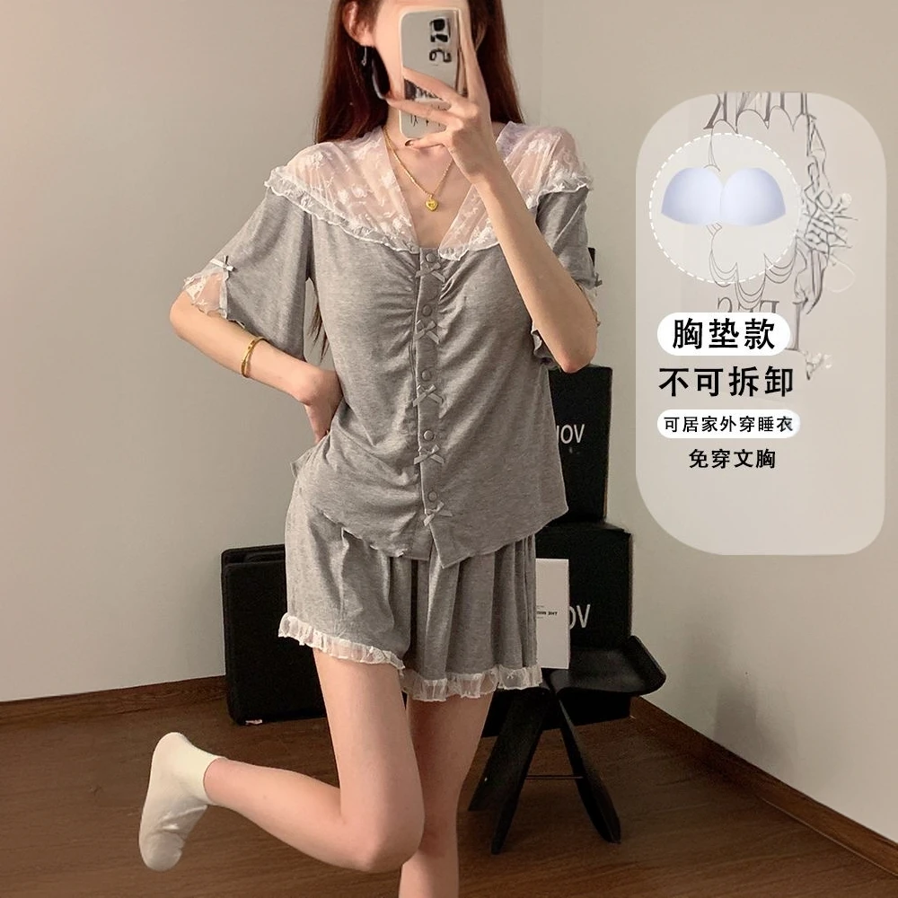 【奶欲茶艺】高级感新款蕾丝莫代尔薄款宽松免文胸女款家居服1268