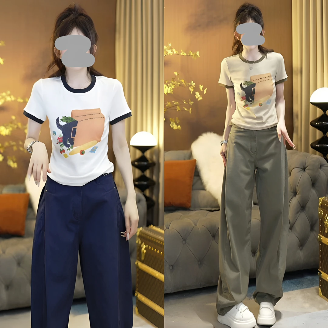 2025夏季设计感手工串珠印花T恤上衣显瘦百搭休闲直筒裤气质套装