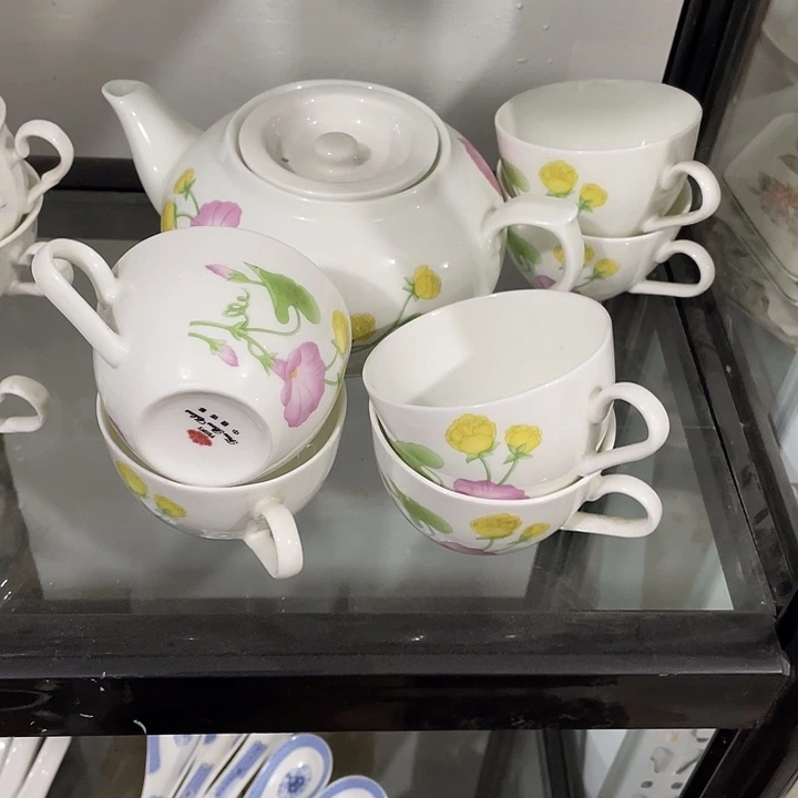 瓷片汉玉高骨瓷喇叭花一壶6杯