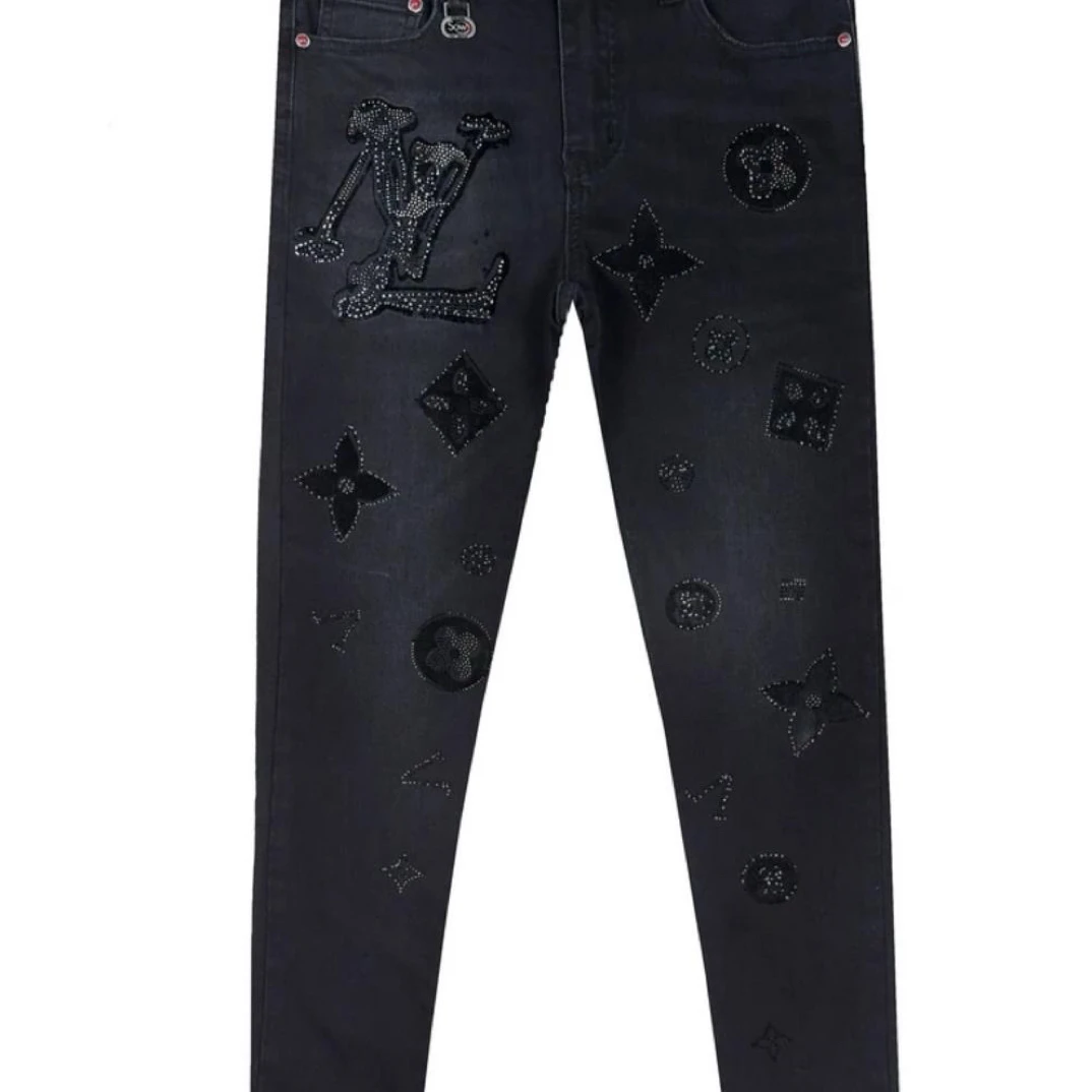 弹力男士纯黑色烫钻植绒修身小脚牛仔长裤百搭时尚休闲