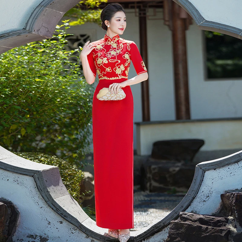 娴馨走秀旗袍长款新款中国红外嫁女回娘家服装高端舞台演出服中袖