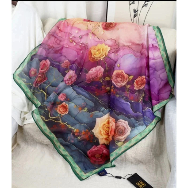 A229【珍珠玫瑰】70*70薯莨纱方巾复古百搭时尚经典围巾披肩丝巾女